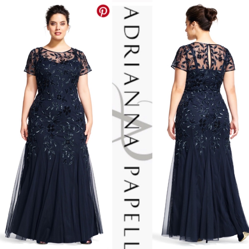 Adrianna papell PLUS SIZyshort sleeves Floral Beaded Godet long Gown - Picture 4 of 16